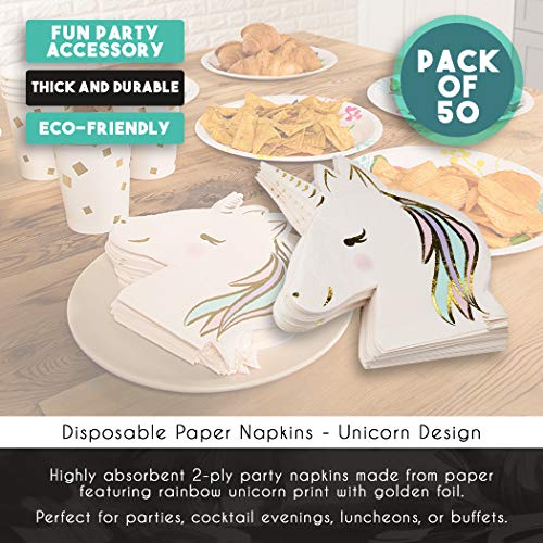 Disposable Paper Cocktail Napkins (50-Pack) - Unicorn Die-Cut Shaped Design with Gold Foil, 3- Ply, Folded: 6.5 x 6.3 Inches
