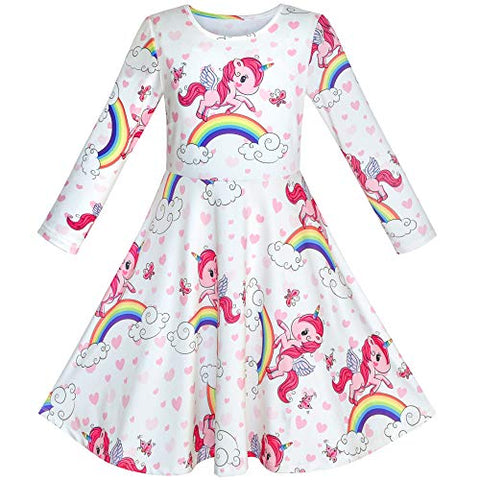 Unicorn & Rainbow Long Sleeve Girls Dress | Sunny Fashion | Various Ages