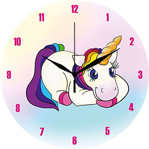 Cute multicoloured unicorn wall clock, glass. Rainbow hair. Pink numbers. Bedroom, living room, kitchen. Perfect gift, housewarming present