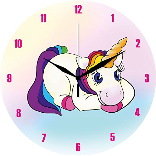 Funky cute multicoloured unicorn, rainbow hair. Pink numbers. Glass wall clock unicorn. Bedroom, living room, kids bedroom, nursery. Present, gift 