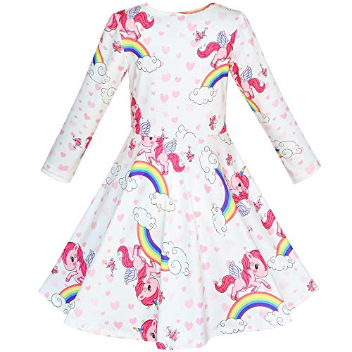 White Unicorn & Rainbow Girls Long Sleeved Dress
