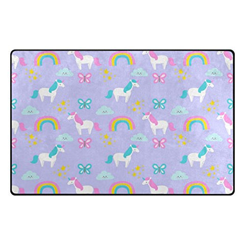Lilac Pastel Coloured Unicorn Rug with Rainbows And Butterfly , Clouds