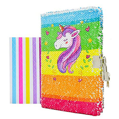 Rainbow Unicorn Notebook Diary with Lock & Key | Reversible Sequin 