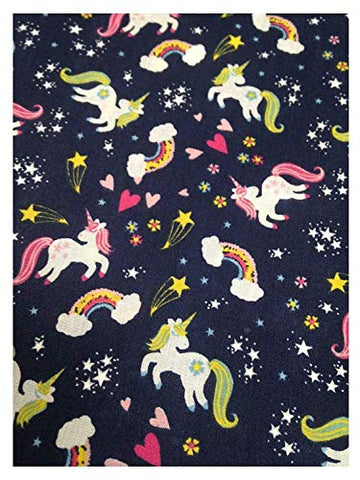 Unicorn Rainbow Love Hearts Children's Design Polycotton Fabric | Navy Blue