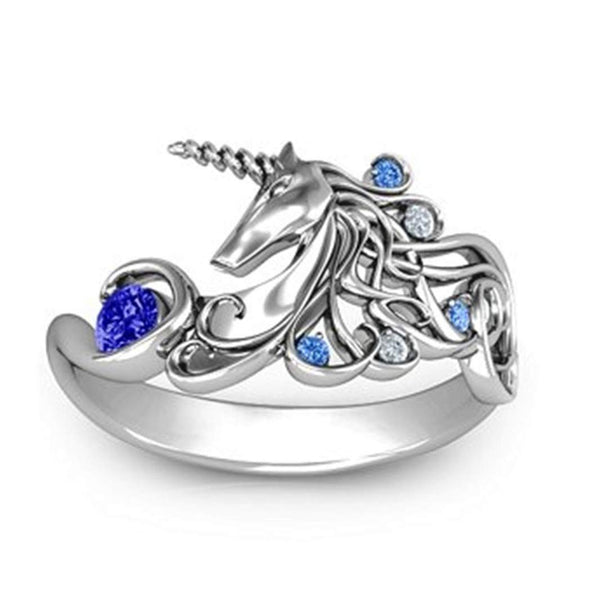 Sterling Silver Women's Unicorn Charm Ring - Blue Gemstones