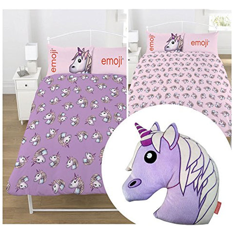 Emoji Unicorn Double Duvet Cover Set + Matching Unicorn Embroidered Cushion