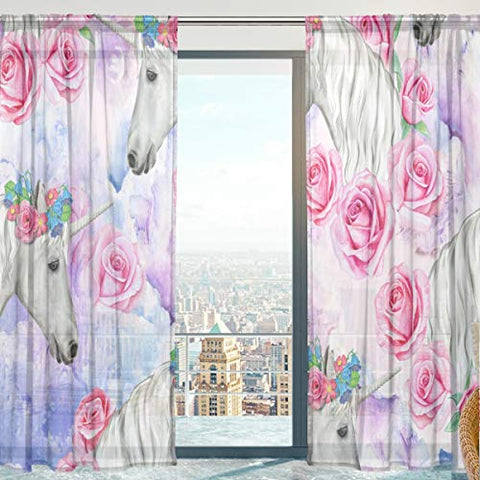 Unicorn With Flowers Sheer Curtains Panels 