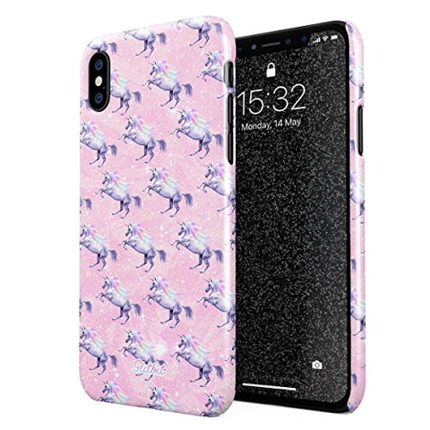 Glitbit Compatible with iPhone X, iPhone XS Case Cute Pink Unicorn Pattern Glitter Stars Rainbows Queen Princess Sparkle Aesthetic Pastel Thin Design Durable Hard Shell Plastic Protective Case Cover