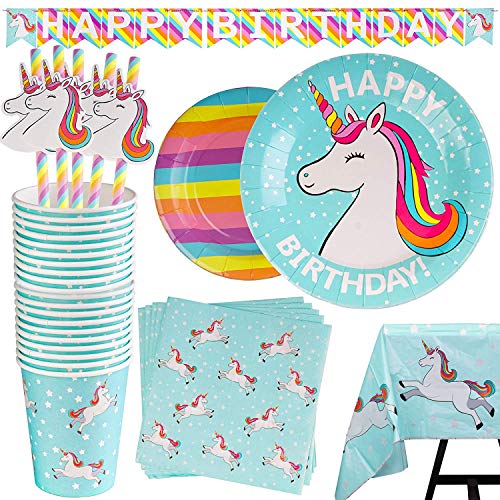 Kompanion 102 Piece Rainbow Unicorn Party Supplies Set Including Banner, Plates, Cups, Napkins, Straws, and Tablecloth, Serves 20