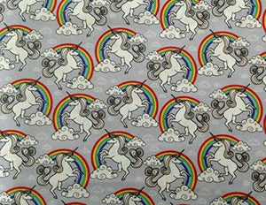 Grey Unicorns & Rainbows Fabrics | 100% Cotton | Dressmaking Craft Fabric (Metres)