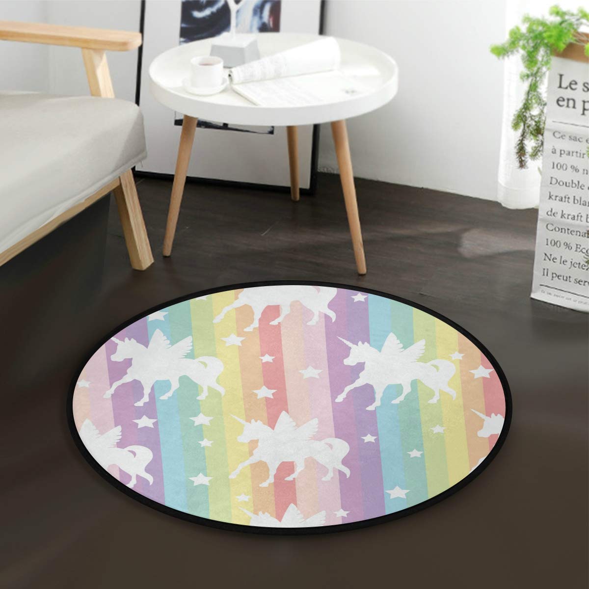 Unicorn Rainbow Stars Kids Round Rug For Bedroom Playroom - Round 90cm