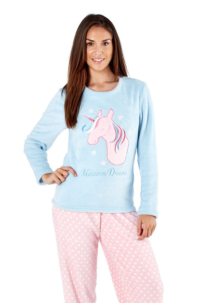 Ladies Soft Fleece Lounging Pyjamas. Blue Owl Motif Top With Blue/White Spot Pants or Pale Blue Unicorn Motif Top With Pink/White Spot Pants. Sizes 8-10 12-14 16-18 (16-18, UNICORN)