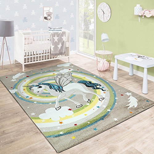 Beautiful unicorn rainbow rug for children's / kids bedroom, playroom, nursery. Soft beige and pastel colours.