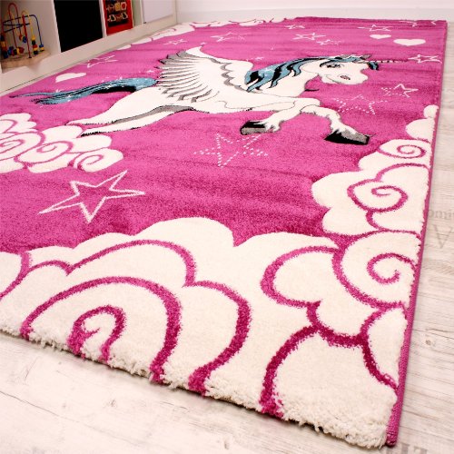 Lovely Girls Pink Unicorn Rug with Stars, Clouds. Perfect for bedroom, nursery, playroom!