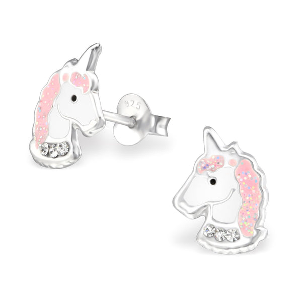Girls Pink Unicorn Head Crystal Sterling Silver Stud Earrings