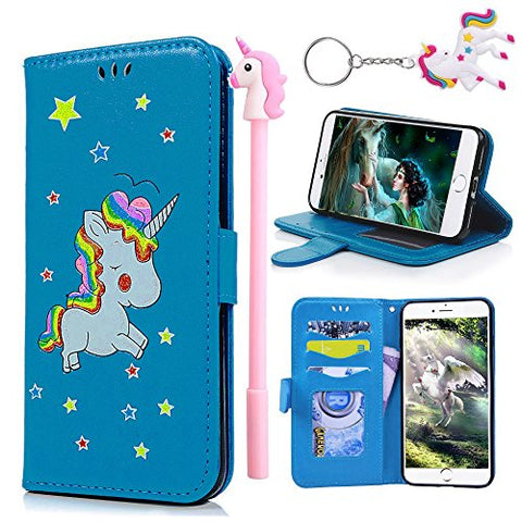 E-Mandala iPhone 7 Plus iPhone 8 Plus Case Unicorn PU Leather Flip Case Wallet Cover with card holder kickstand Shell Soft TPU Silicone Bumper - Blue