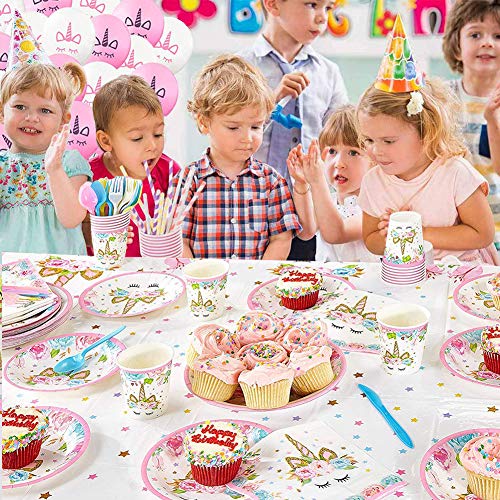 YANGTE Unicorn Tableware Paper Plates Napkins and Tablecloths, Unicorn Themed Birthday Party Supplies for Girls Kids Baby Shower Serve 16 Guests