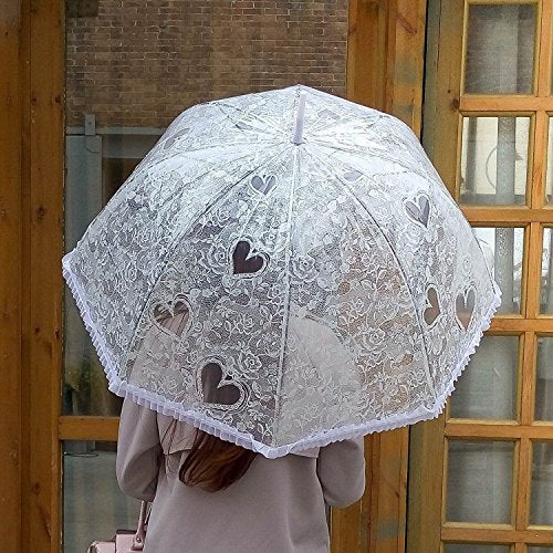 Becko Black Stick Umbrella / Clear Canopy Bubble Umbrella / Transparent Dome Shape Princess Style Rain Umbrella with Gradient J-handle for Wedding / Party / Camping (White Flower and Heart Pattern)