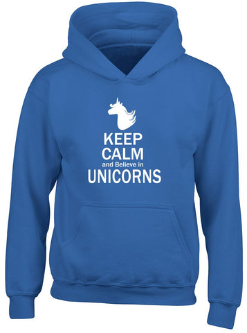 Keep Calm Believe In Unicorns Hoodie Jumper Blue
