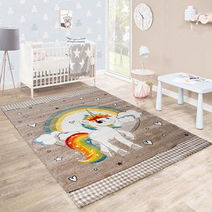 Children's Rug Children's Room Heart Rainbow Unicorn Contour Cut Beige White, Size:80x150 cm