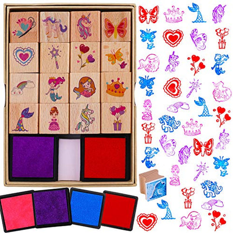 16pcs Wooden Ink Stamps For Crafts With Ink Pad | 4pcs | Unicorn, Mermaid, Princess, Heart, Rainbow, Butterfly 