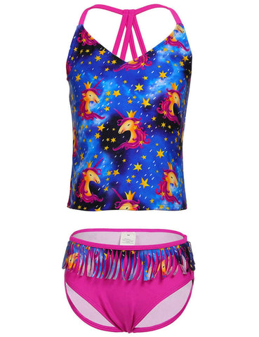Unicorn Girls Bikini Tankini Set Tassel Swimming Costume Swimsuit UK Age 6-14 Years