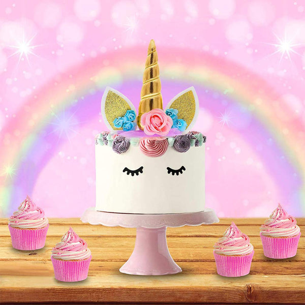 Unicorn Flowers Cake Topper - Pink and Blue Flowers with Gold Horn