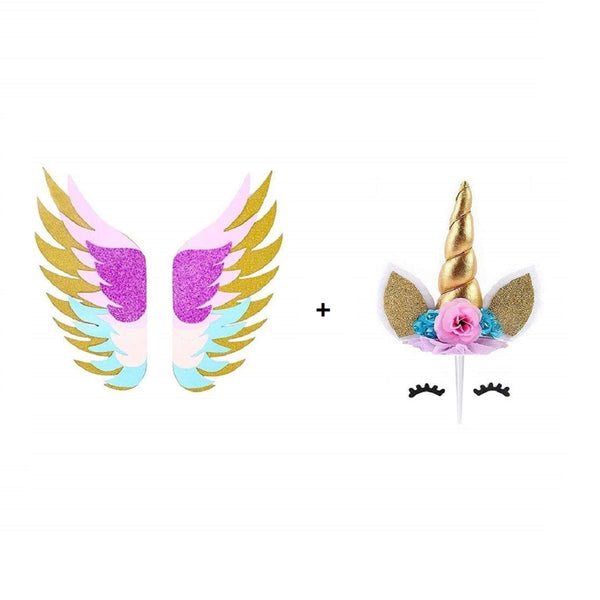 Unicorn Cake Topper with Pink Flower, Gold Horn and Glittery Wings
