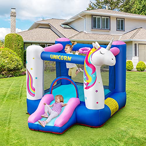 Unicorn Bouncy Castle With Slide & Basketball Hoop 