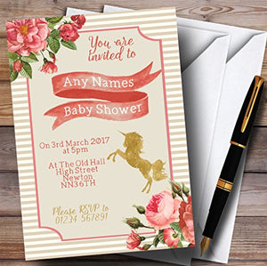 10 x Invitations Stripy Floral Pink Gold Unicorn Invites | Baby Shower