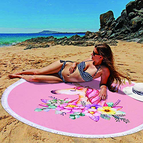Pink Circular Unicorn Round Beach Towel 