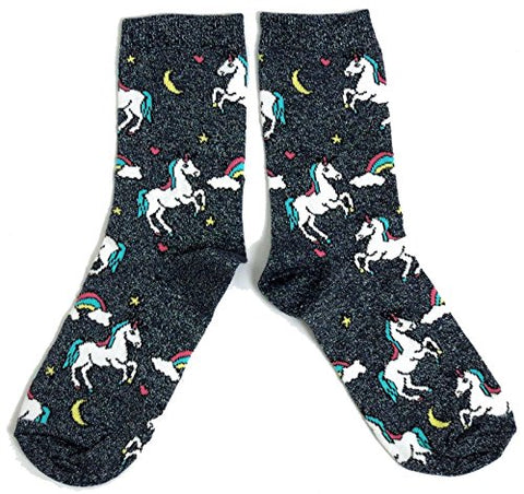 Ladies Black Dazzling Sparkle Unicorn Glitter Socks UK 4-8 Eur 37-42 Womens Socks