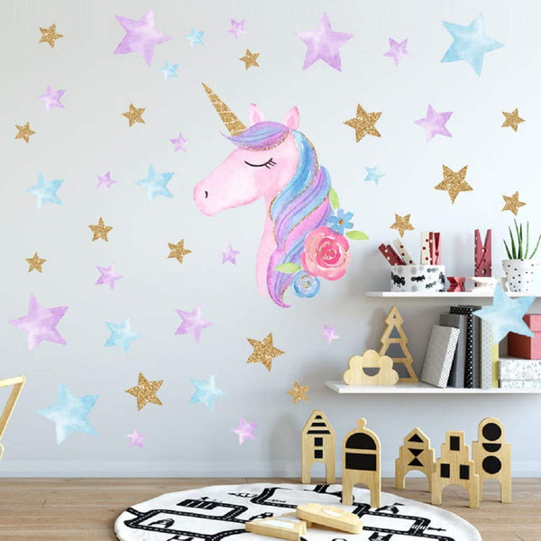 Cartoon Cute Unicorns Star Heart Wall Stickers Wallpaper DIY Vinyl Home Wall Decals Kids Living Room Bedroom Girls Room Decor (B)