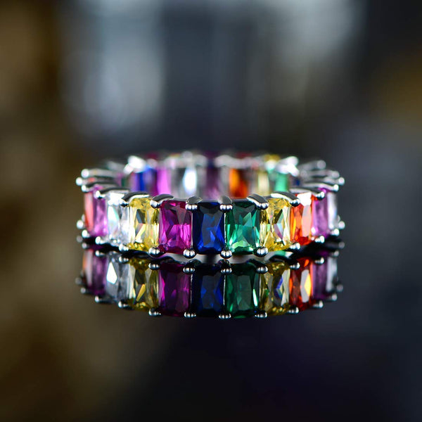 Rainbow Ring - Rhodium Plated, Cubic Zirconia (Emerald Cut)