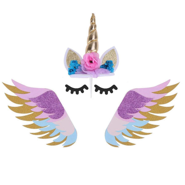 Unicorn cake topper with pink flower, gold horn and glittery wings