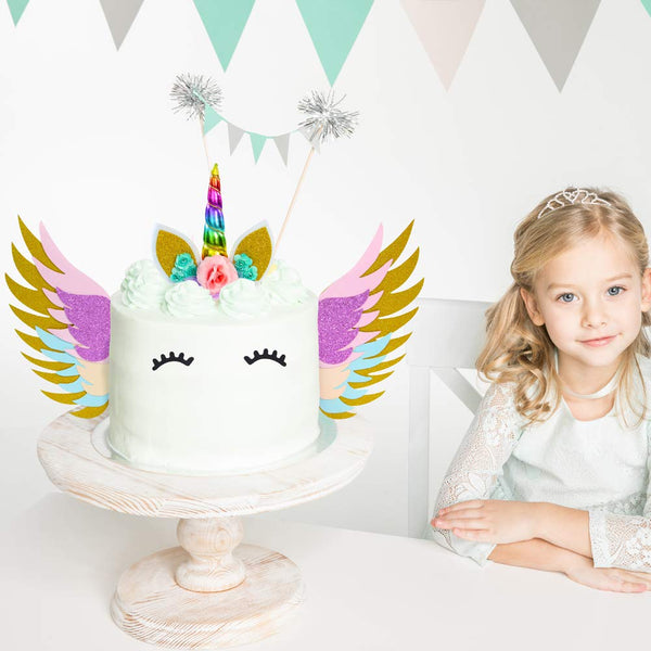 Unicorn Cake Topper With Wings Set - Rainbow Color with Eyelashes