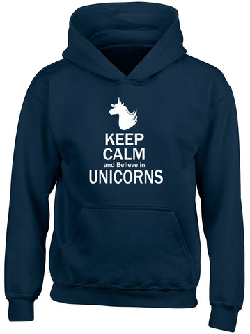 Keep Calm and Believe in Unicorns Girls Kids Childrens Hooded Top Hoodie Navy Blue