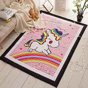 Cute Pink Unicorn Rainbow Themed Rug For Playtime Bedtime Playroom, Bedroom, Nursery