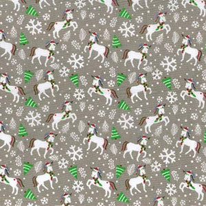 Festive Unicorns Fabric | Christmas Trees & Snowflakes | Plush Addict Polycotton | Per Metre