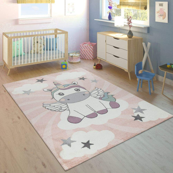Unicorn Rug for Kids Bedroom on Clouds in Pink Purple, Size: 80x150cm