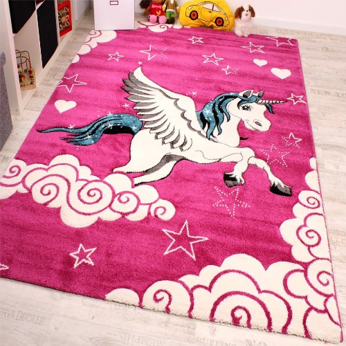 Beautiful Girls Pink Unicorn Rug with Stars, Clouds. Perfect for bedroom, nursery, playroom!