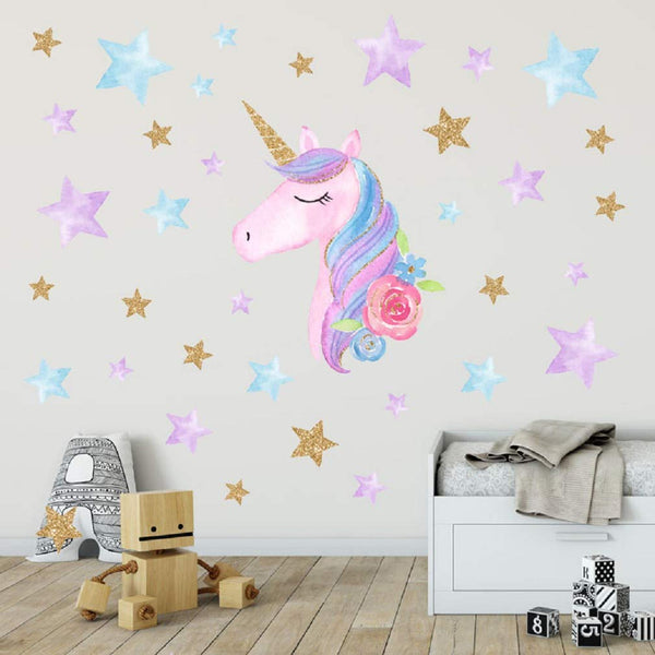 Cartoon Cute Unicorns Star Heart Wall Stickers Wallpaper DIY Vinyl Home Wall Decals Kids Living Room Bedroom Girls Room Decor (B)