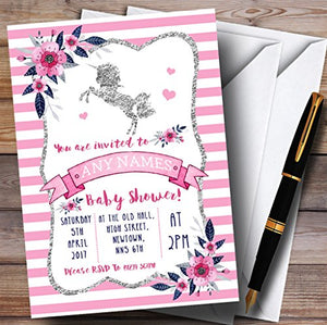 10 x Silver & Pink Unicorn Baby Shower Invites | Any Wording 