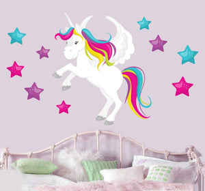 unicorn wall sticker with stars pink blue and green