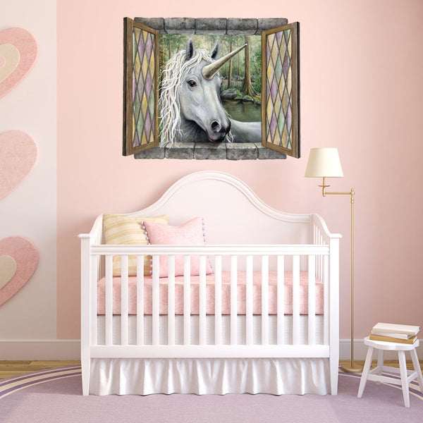Large Unicorn Wall Sticker - Unicorn Visitor self adhesive wall mural for childens bedroom walls. A magical fantasy decal with great detail and depth brings an immediate WoW factor to any room. Create a fantasy themed room
