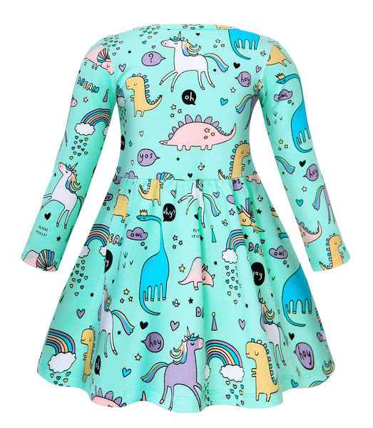 Unicorn Dinosaurs Party Dress for Girls - Long Sleeve Light Green (Ages 4,5,6)