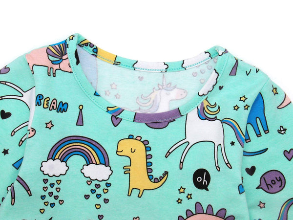 Unicorn Dinosaurs Party Dress for Girls - Long Sleeve Light Green (Ages 4,5,6)