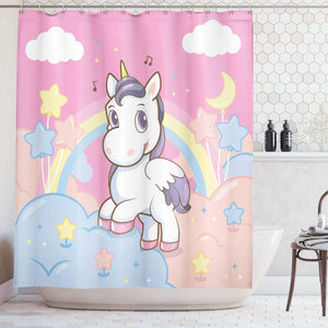 ABAKUHAUS Feminine Shower Curtain, Unicorn with Rainbow and Music Notes Clouds in the Sky Fantastic Art PrintCloth Fabric Bathroom Decor Set with Hooks, 75 Inches, Yellow and Pink