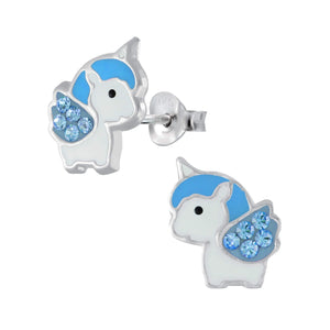 Small Unicorn Earrings Gift Sterling Silver with Blue Crystal Stones