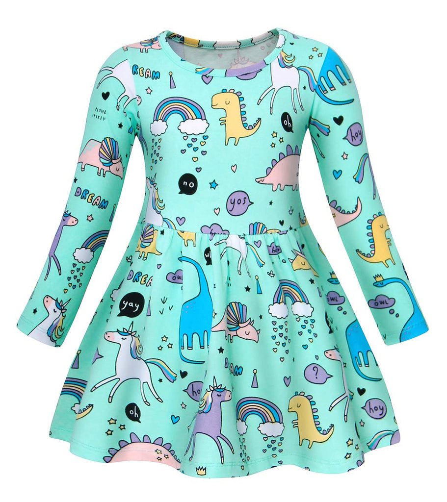 Unicorn Dinosaurs Party Dress for Girls - Long Sleeve Light Green (Age All Things Unicorn Unicorn Dinosaurs Party Dress for Girls - Long Sleeve Light Green (Age All Things Unicorn